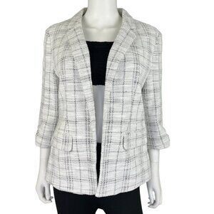 Elle Open Front White Black Plaid Blazer Jacket‎ Womens Size M (R10376)